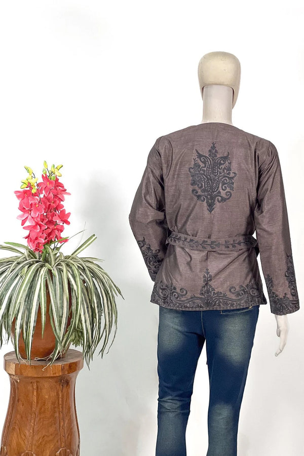 Brown Silk Aari Belted Jacket