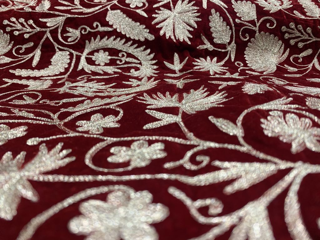 Red Velvet Running Fabric with Paisley Pattern Zari Embroidery | Angad ...