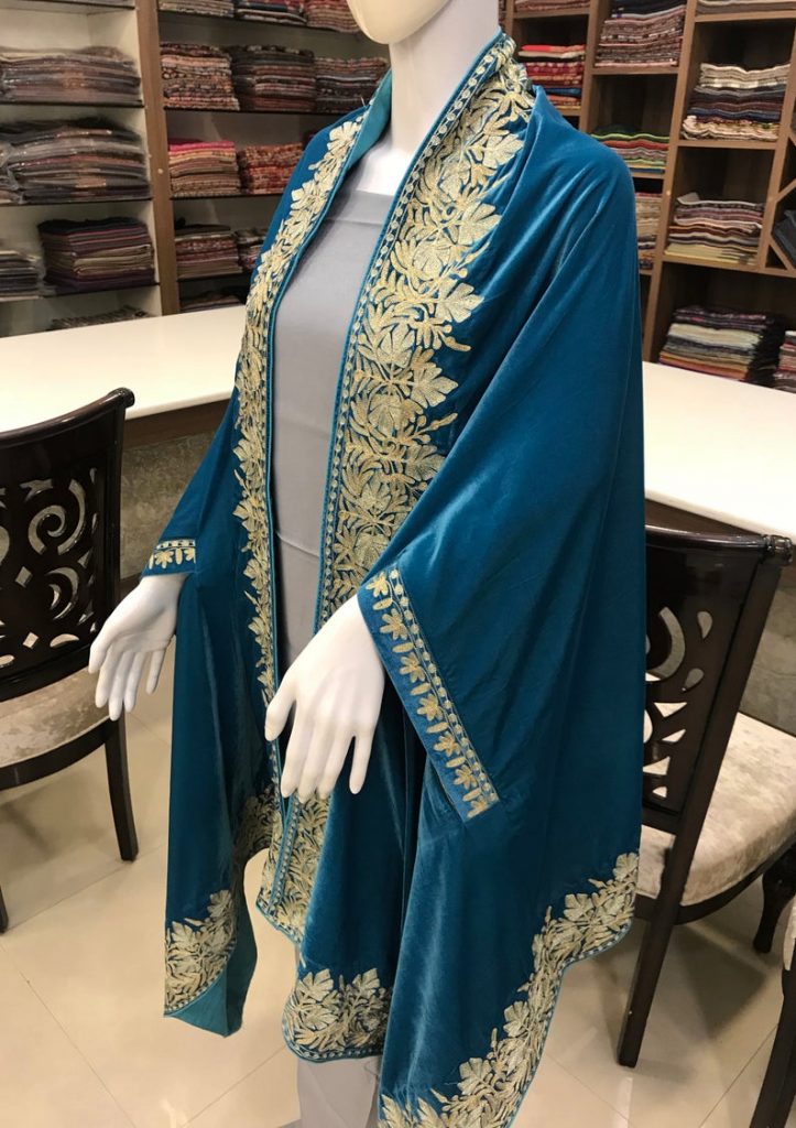 Turquois Velvet Cape Shawl with Tilla Embroidery: Teen Chinar Design ...