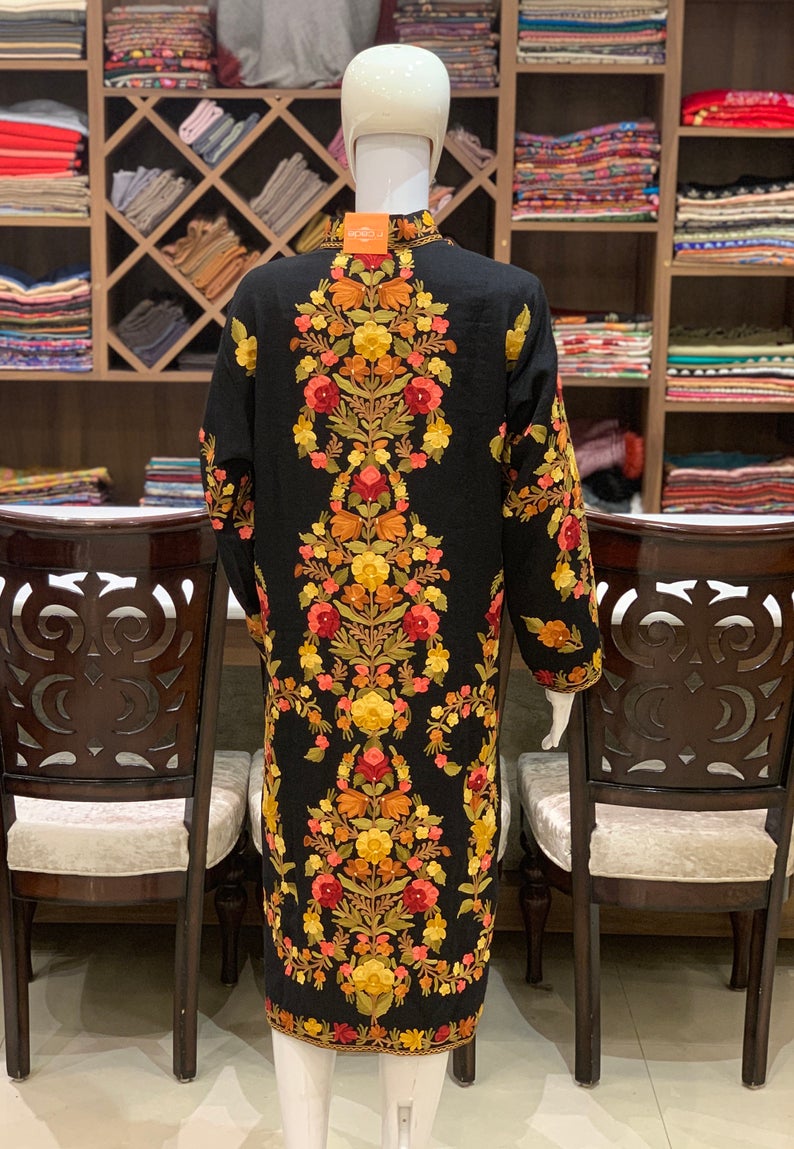 Black Kashmiri Long Boho Coat with Aari Jaal Embroidery | Angad Creations