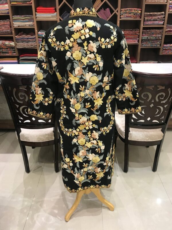 Black Kashmiri Long Coat with Aari Jaal Embroidery | Angad Creations