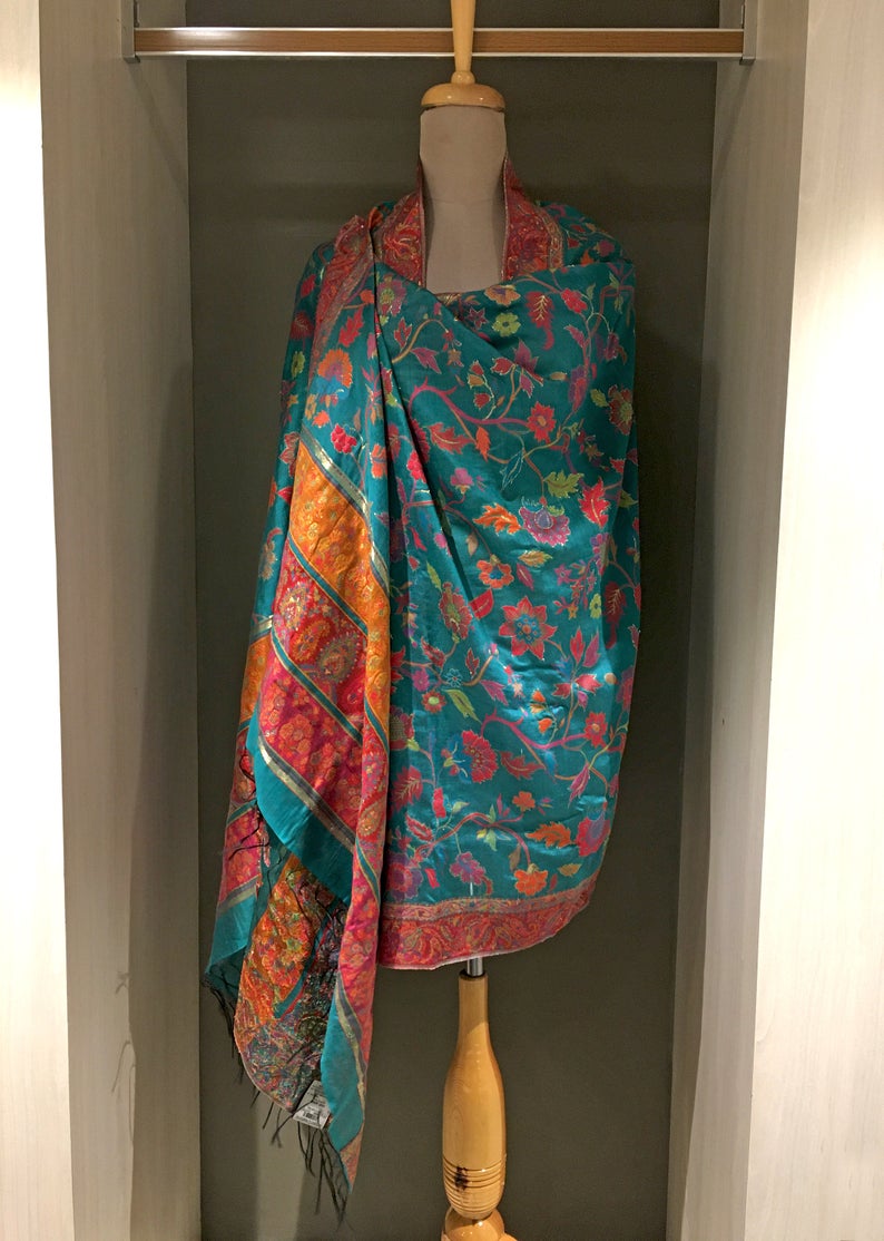 Modal Silk Green Floral Kani Weave Dupatta | Angad Creations