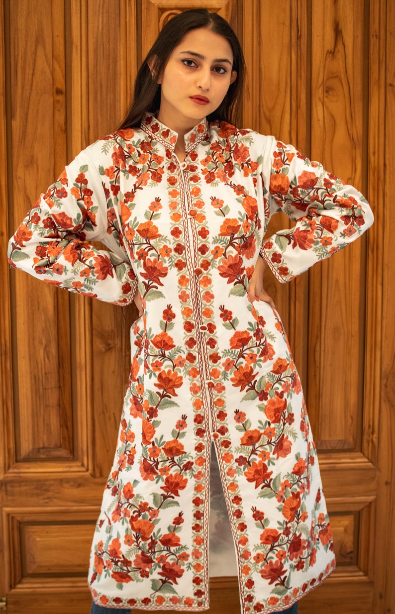 White Kashmiri Long Coat with Floral 