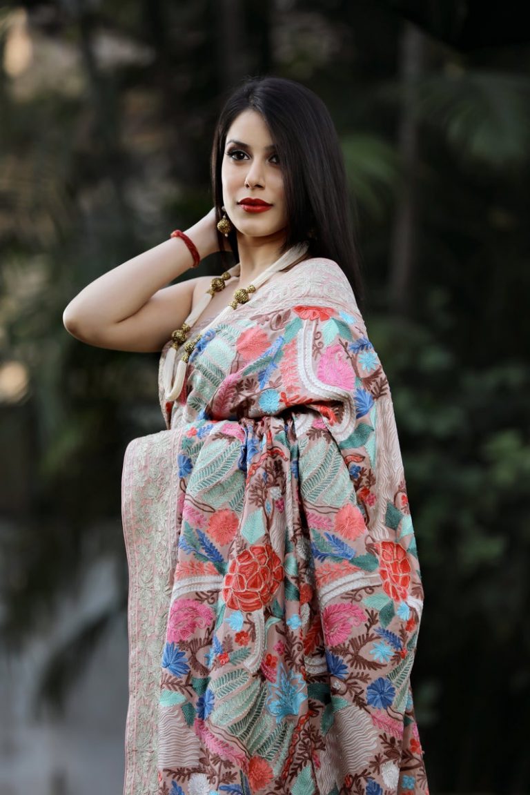 Embroidered Pure Silk Sari, Designer Kashmiri Silk Sarees | Angad Creations