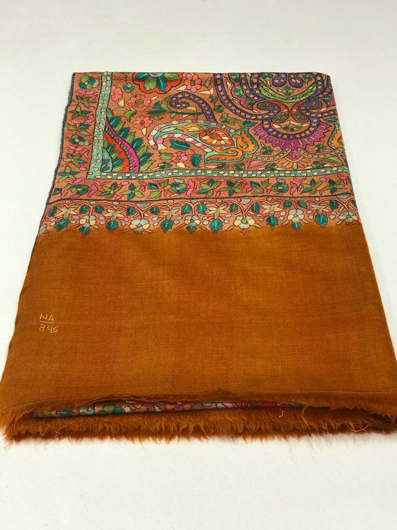 Orange Papier Mache Jamawar Pashmina, Embroidered Pashmina Shawls ...