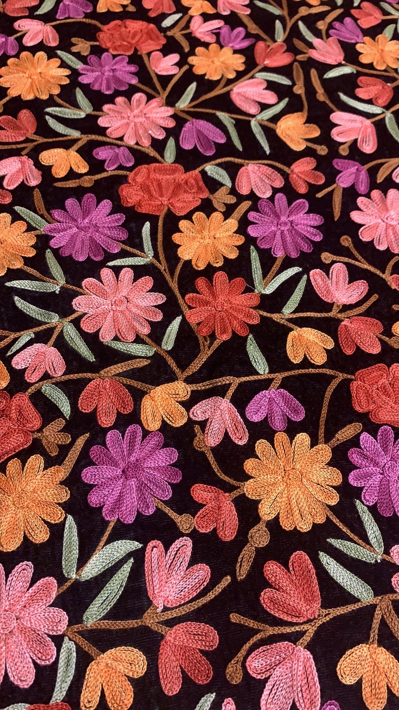 Dense Floral Embroidered DIY Black Velvet Fabric | Angad Creations