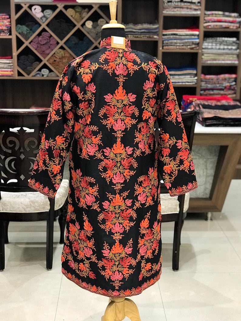 Black Kashmiri Coat With Chinar Boteh Style Embroidery | Angad Creations