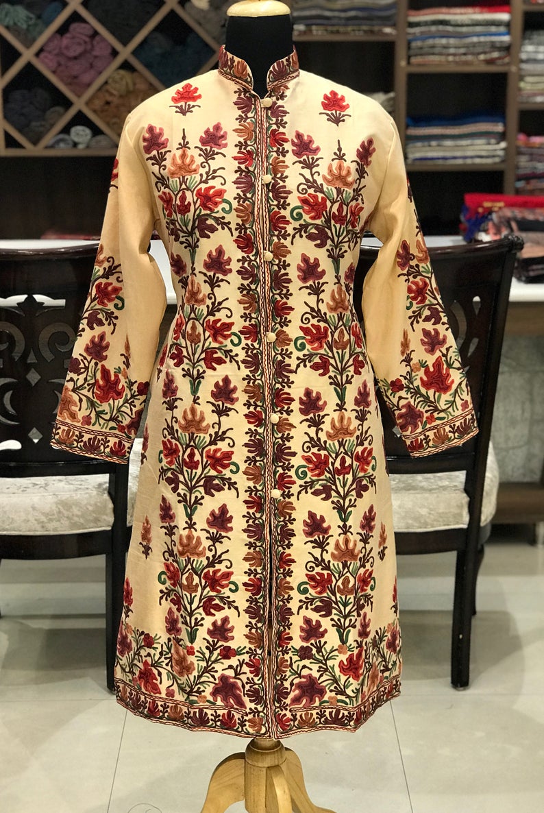 Cream Kashmiri Coat With Fawn China Vine Pattern Embroidery | Angad ...