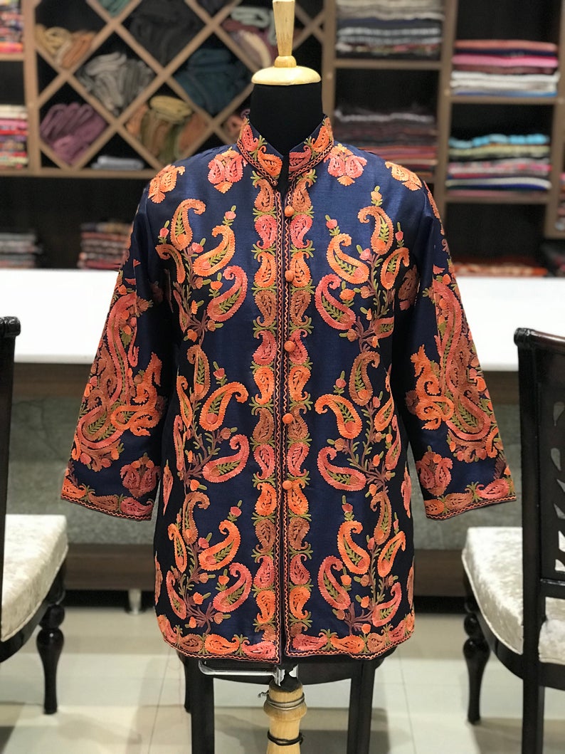 Navy Blue Short Jacket With Paisley Style Boteh Embroidery | Angad ...