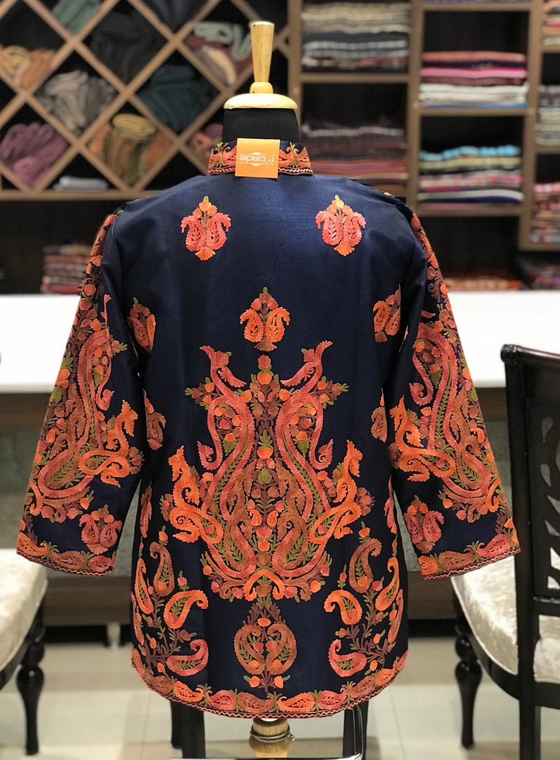 Navy Blue Short Jacket With Paisley Style Boteh Embroidery | Angad ...