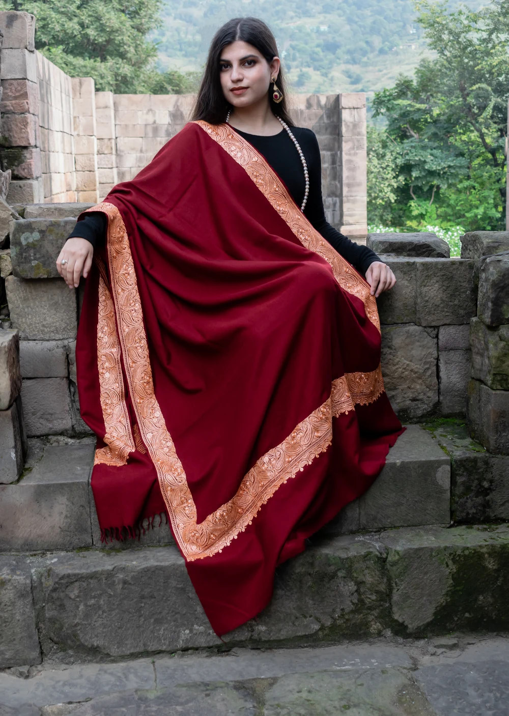 Ruby Maroon Pure Pashmina Shawl With Tilla Hand Embroidery Angad 