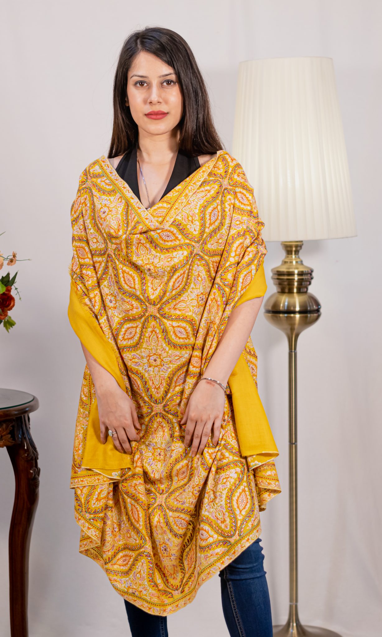 Yellow Pure Pashmina Shawl With Multi-Colour Sozni Jamawar Hand ...