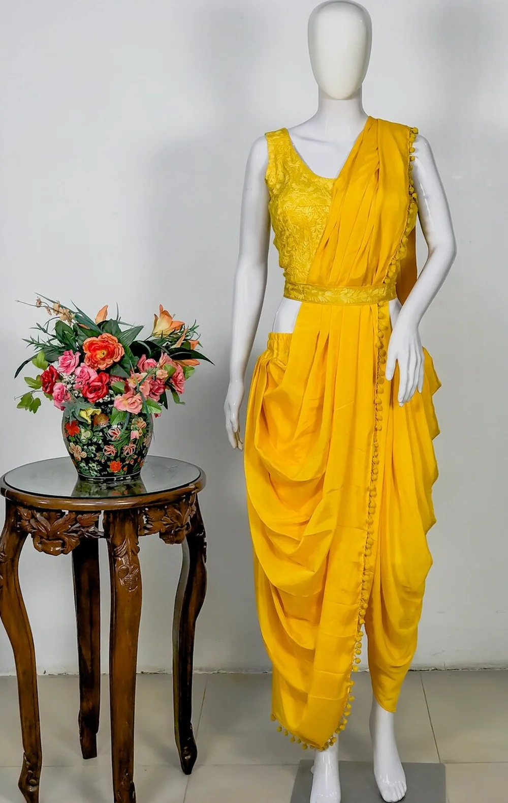 Yellow Dhoti Style Saree Dress With Embroidered Blouse | Angad ...