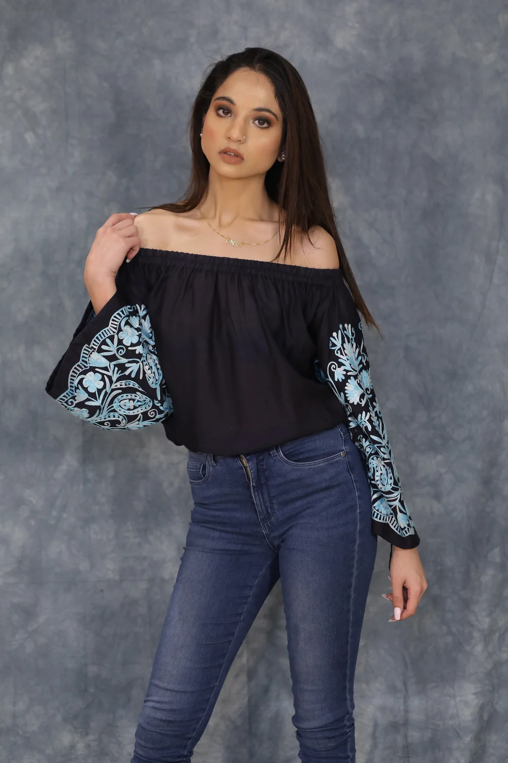 Off Shoulder Top with Embroidered Sleeves