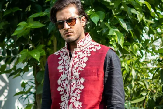 Sojanya (Since 1958) Men's Silk Blend Maroon & Gold Self Design Nehru Jacket